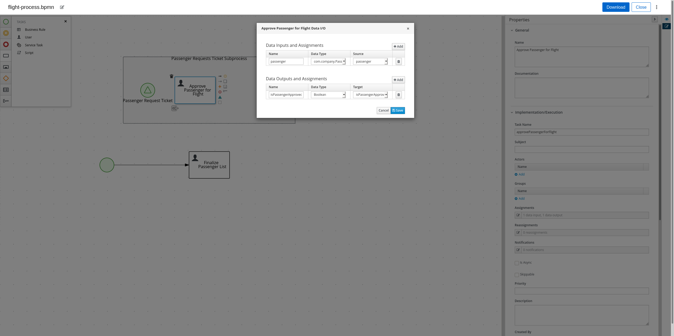 BPMNApprovePassengerForFlightProperties